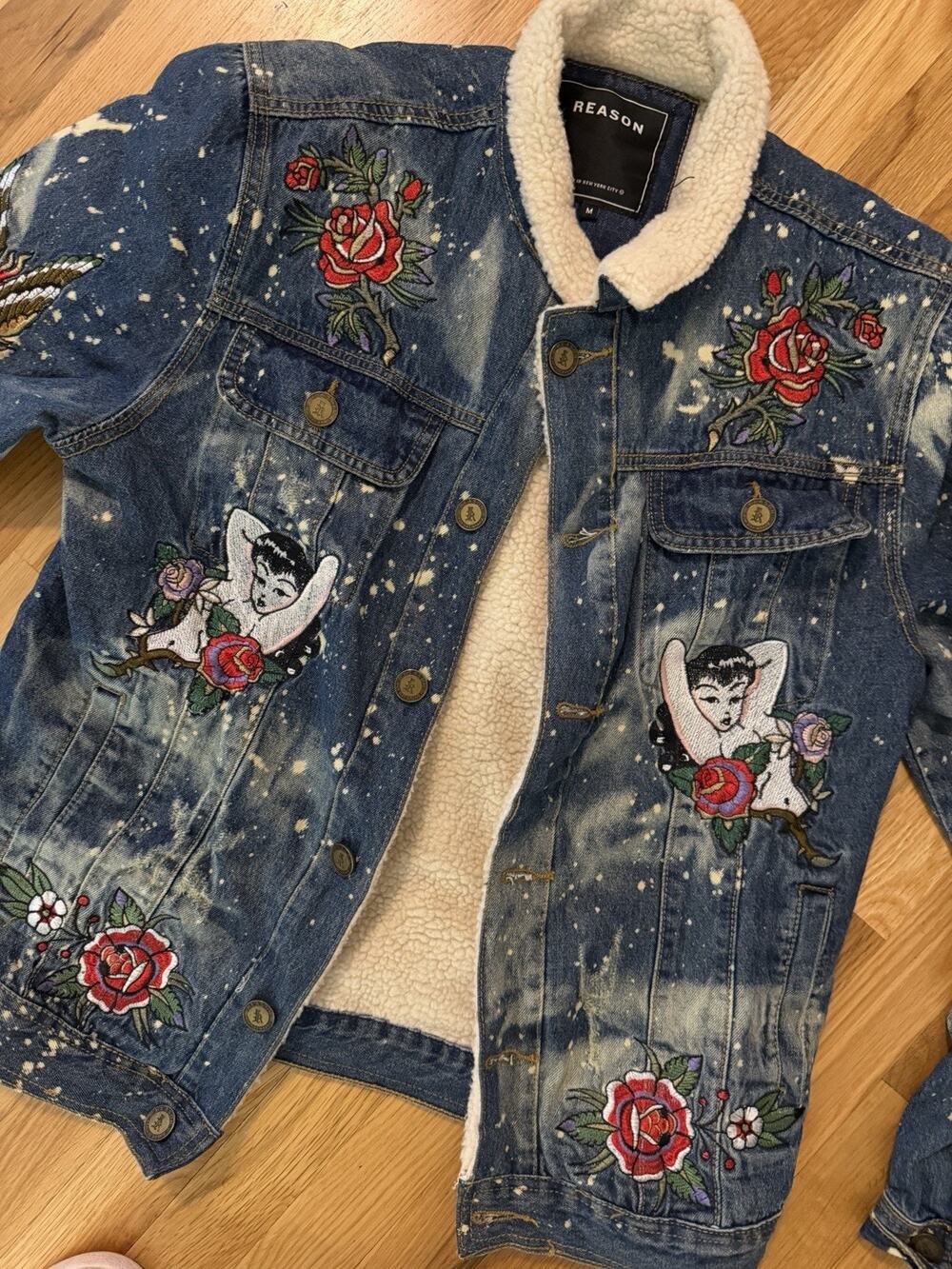 Reason Denim Sherpa Trucker Jean Jacket Sz M Death Before Dishonor Embroidered